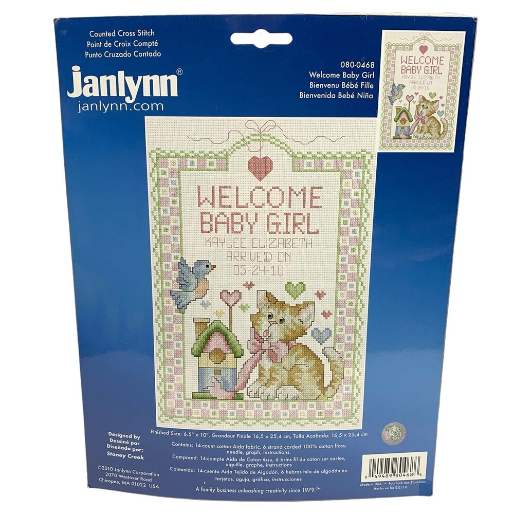 Janlynn Welcome Baby Girl Birth Kitty Sealed Cross Stitch Kit - 6.5” x10” NOS